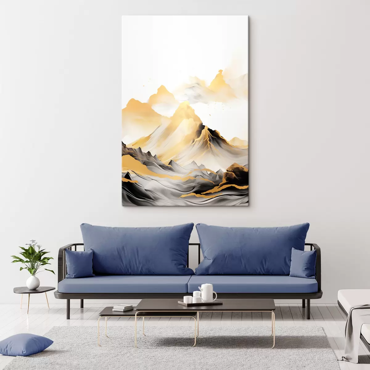 Картина Текстуровані жовті та чорні гори зі сніговими вершинами, стиль тушового живопису, мінімалістичний гірський хребет s46684