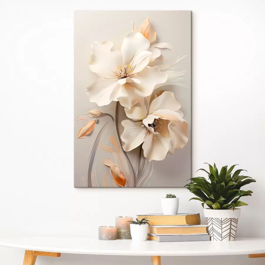 Картина Білі квіти, пелюстки з м'якими тінями, світло-бежевий фон, елегантна композиція, мінімалістичний стиль s46700