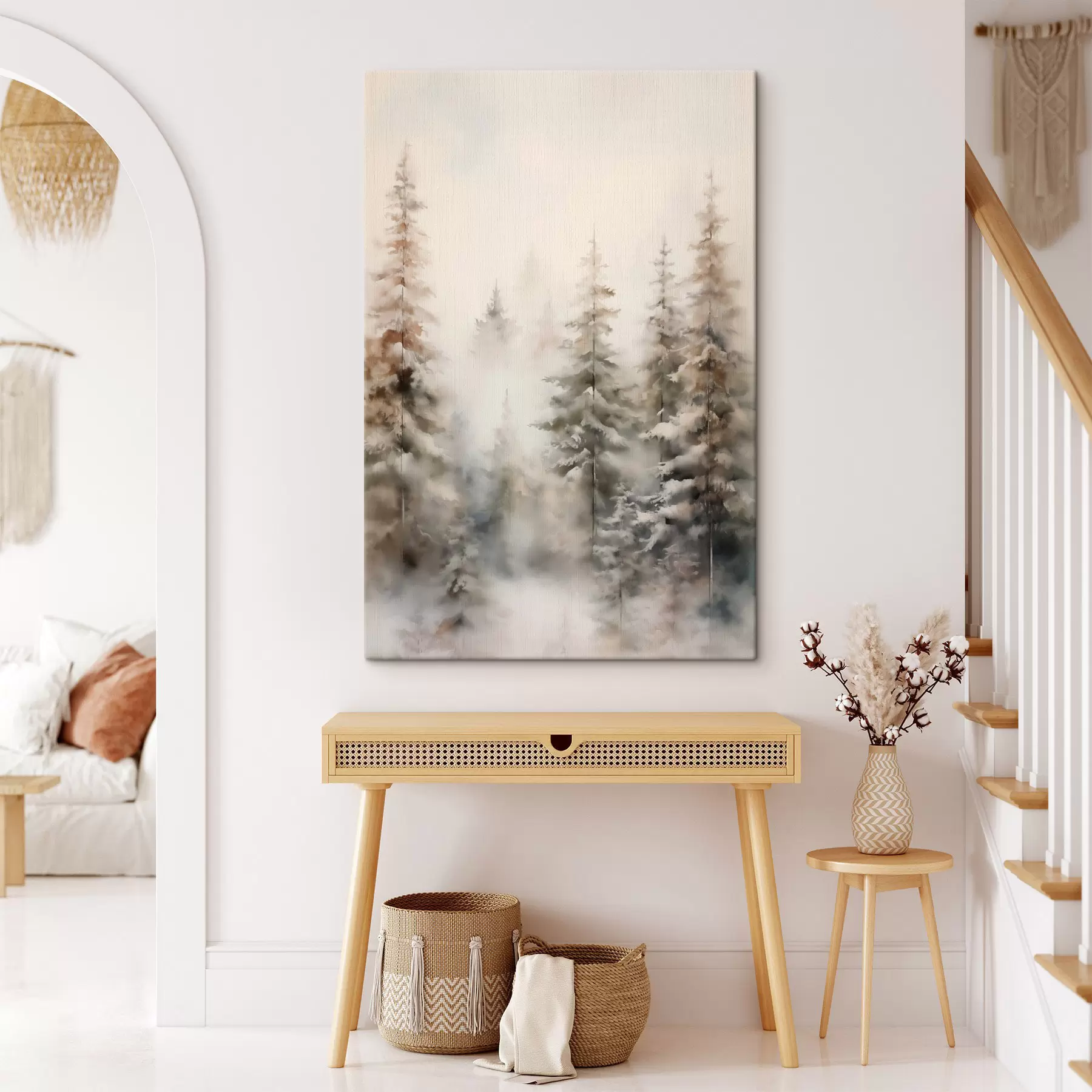 Картина Високі сосни, вкриті снігом, стоять у туманному лісі, м'яка, приглушена зимова сцена s46701