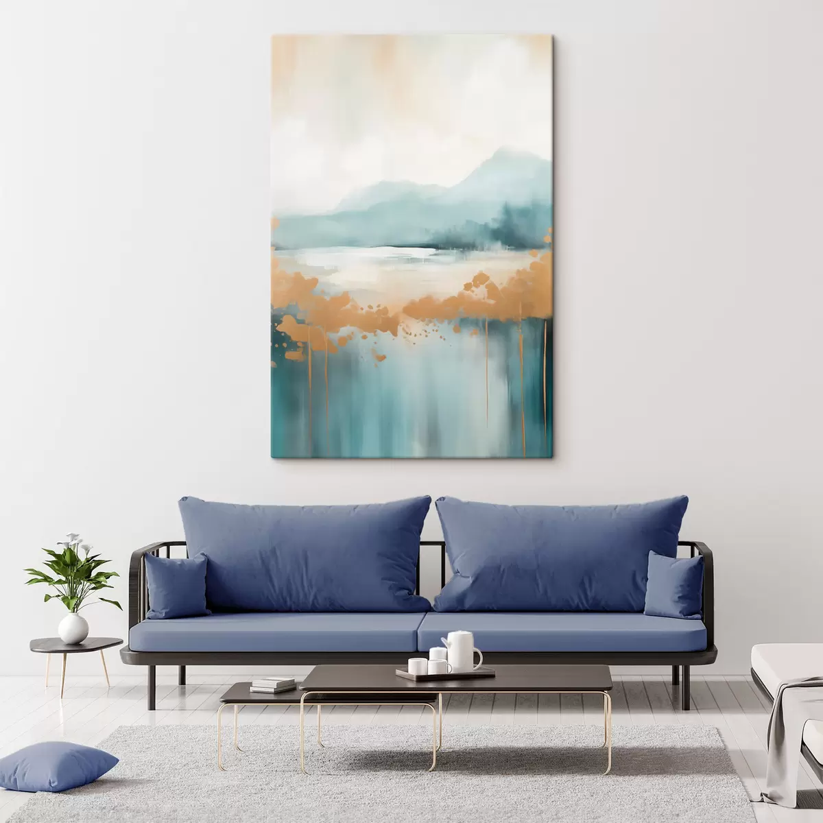 Картина Абстрактний пейзаж з горами та озером у кольорах бірюзового та текстурованого жовтого, м'які мазки пензлем, мінімалістичне мистецтво s46703