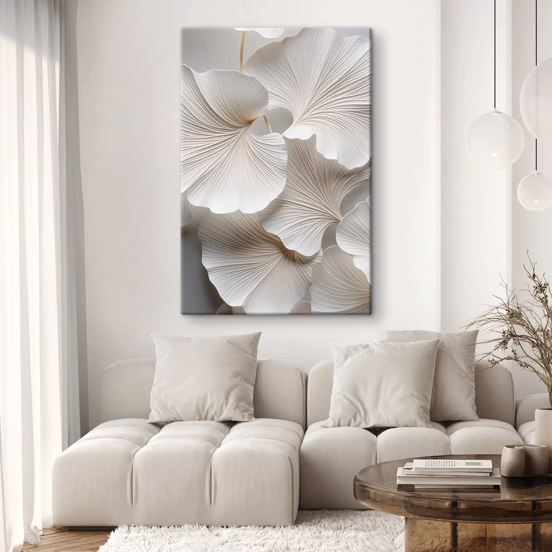 Картина Білі листя гінкго білоба з виразними прожилками, м'яке освітлення, текстурований елегантний і мінімалістичний дизайн s46705