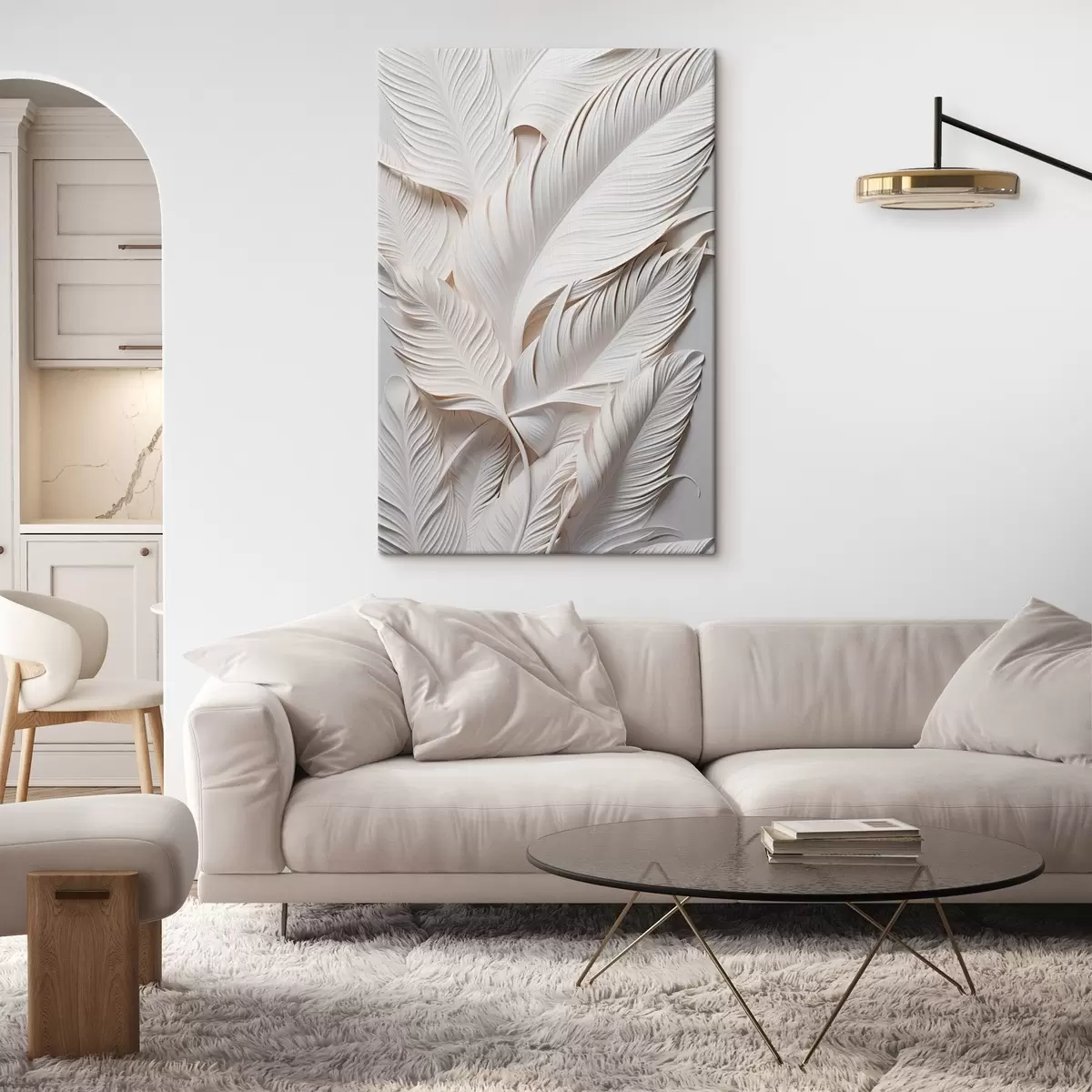Картина Білі листя з витонченими деталями, що створюють ефект текстури та багатошаровості, мінімалістичне мистецтво s46706