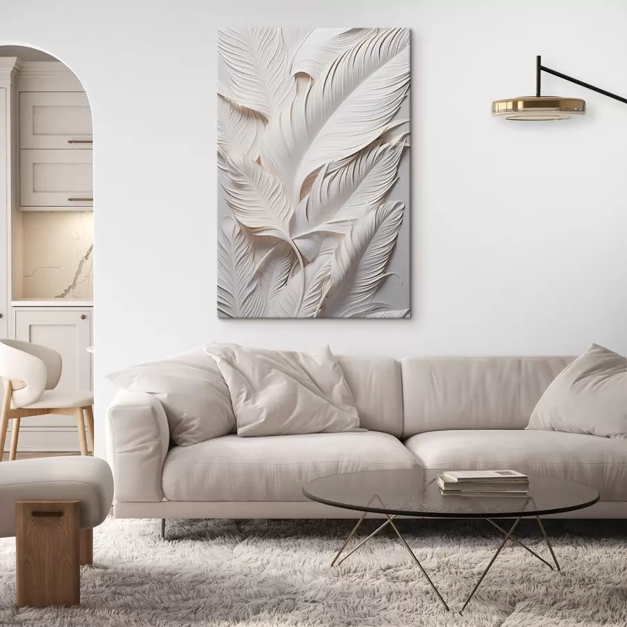 Картина Білі листя з витонченими деталями, що створюють ефект текстури та багатошаровості, мінімалістичне мистецтво s46706