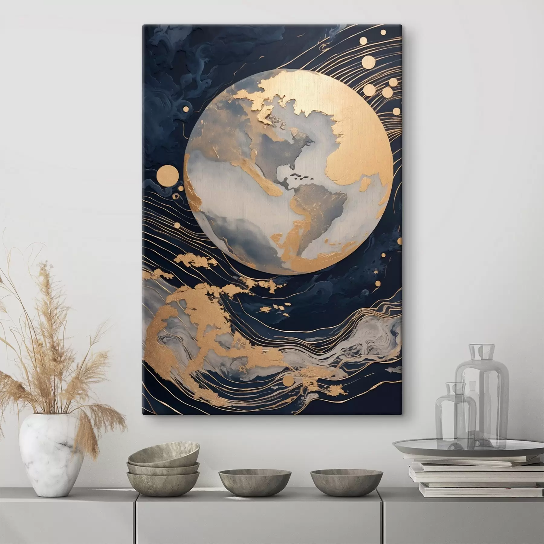 Картина Текстурована декоративна планета з жовтими лініями на тлі, жовті крапки на тлі, темний фон s46708