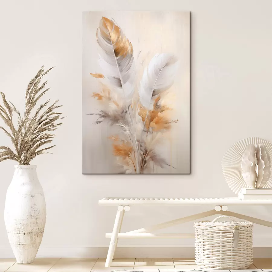 Картина Абстрактні пір'я, оточені бежевими та коричневими пучками, м'які та ніжні, на світло-бежевому тлі s46711