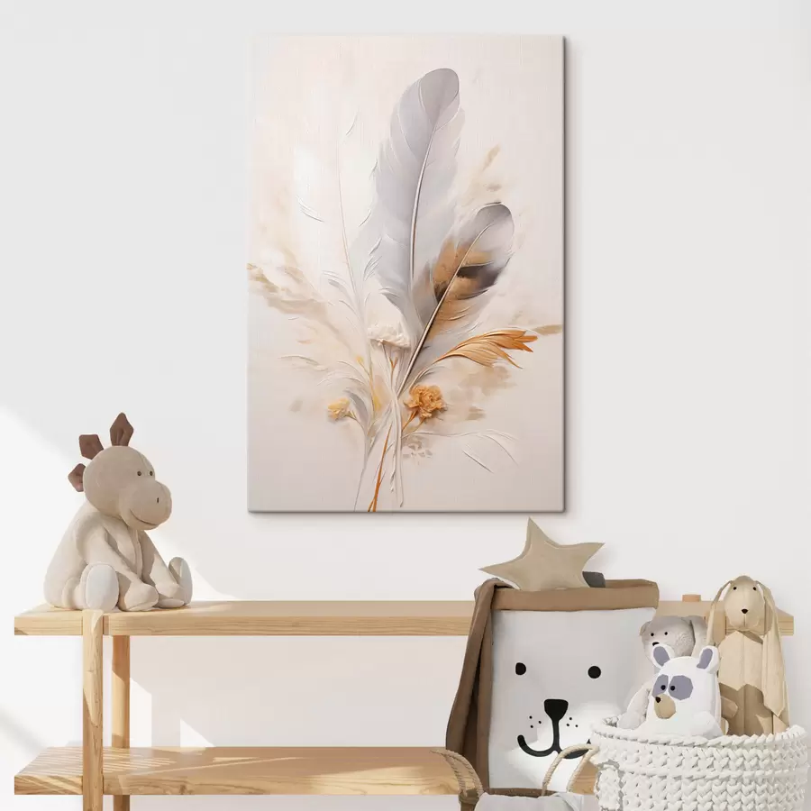 Картина Абстрактні пір'я, оточені бежевими та коричневими пучками, м'які та ніжні, на світло-бежевому тлі s46712