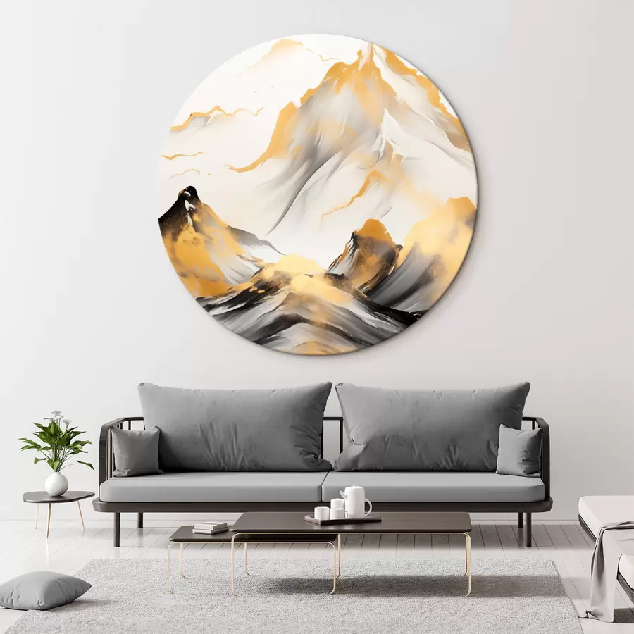 Картина Текстуровані жовті та чорні гори зі сніговими вершинами, стиль тушового живопису, мінімалістичний гірський хребет r46683