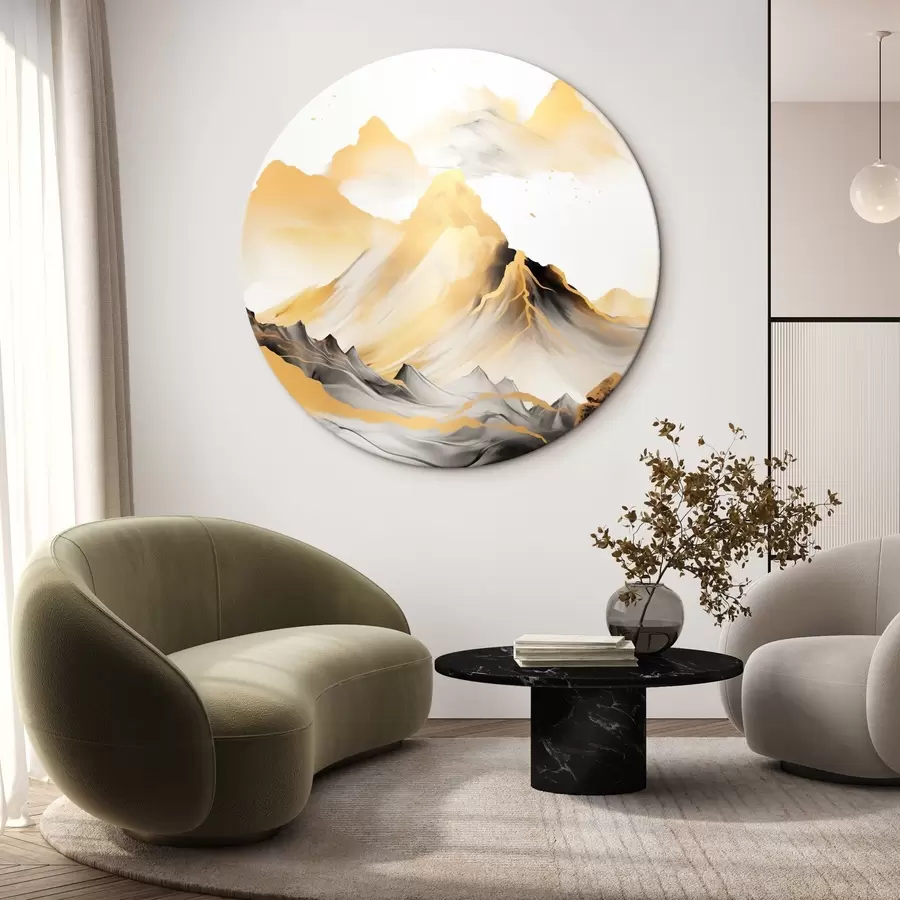 Картина Текстуровані жовті та чорні гори зі сніговими вершинами, стиль тушового живопису, мінімалістичний гірський хребет r46684