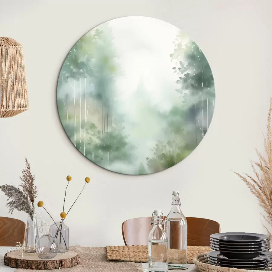 Картина Акварельний малюнок, що імітує абстрактний ліс з високими деревами та зеленим листям, м'які приглушені кольори r46689