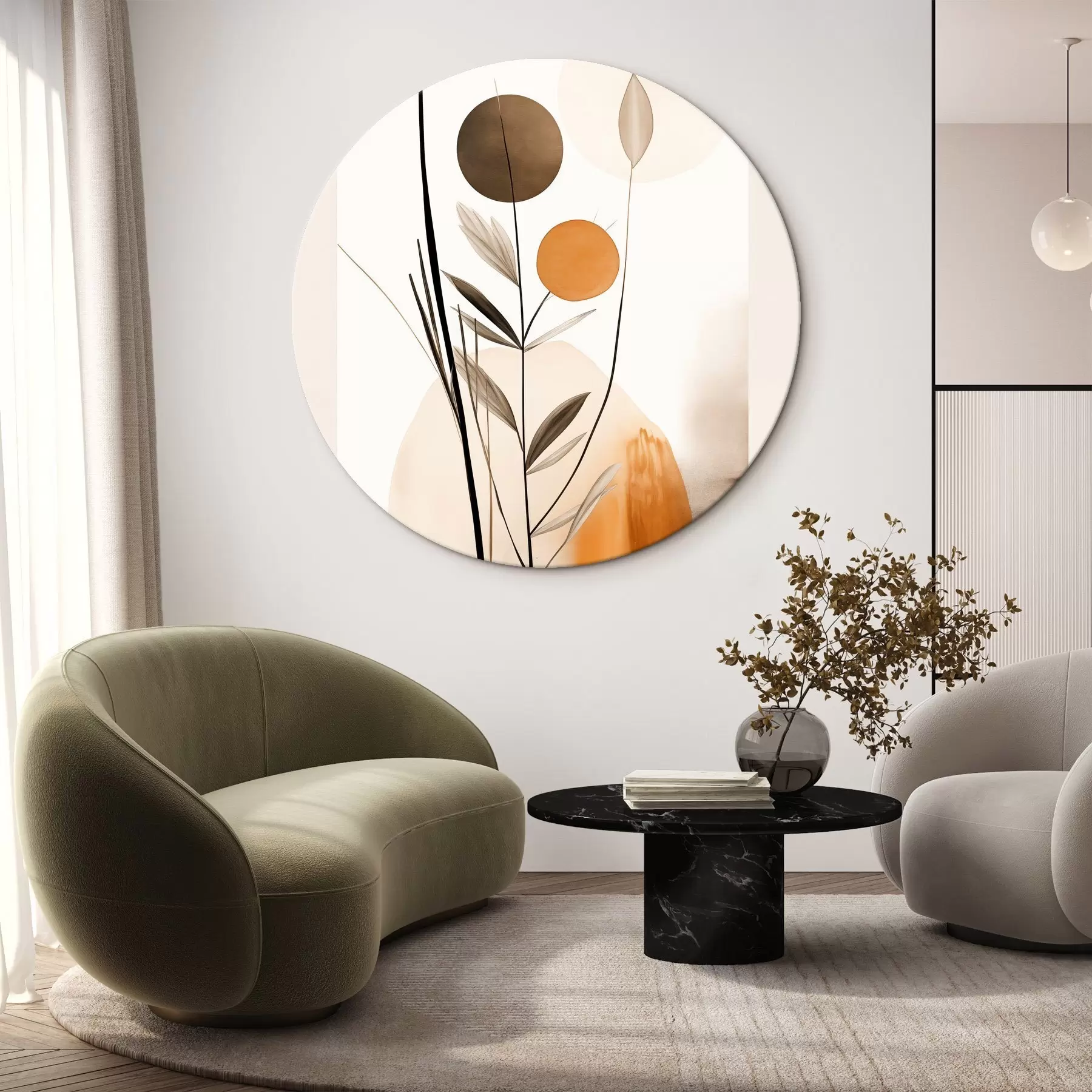 Картина Абстрактна імітація живопису з помаранчевими та сірими колами, листям і гілками, сучасний стиль, ефект акварелі r46698