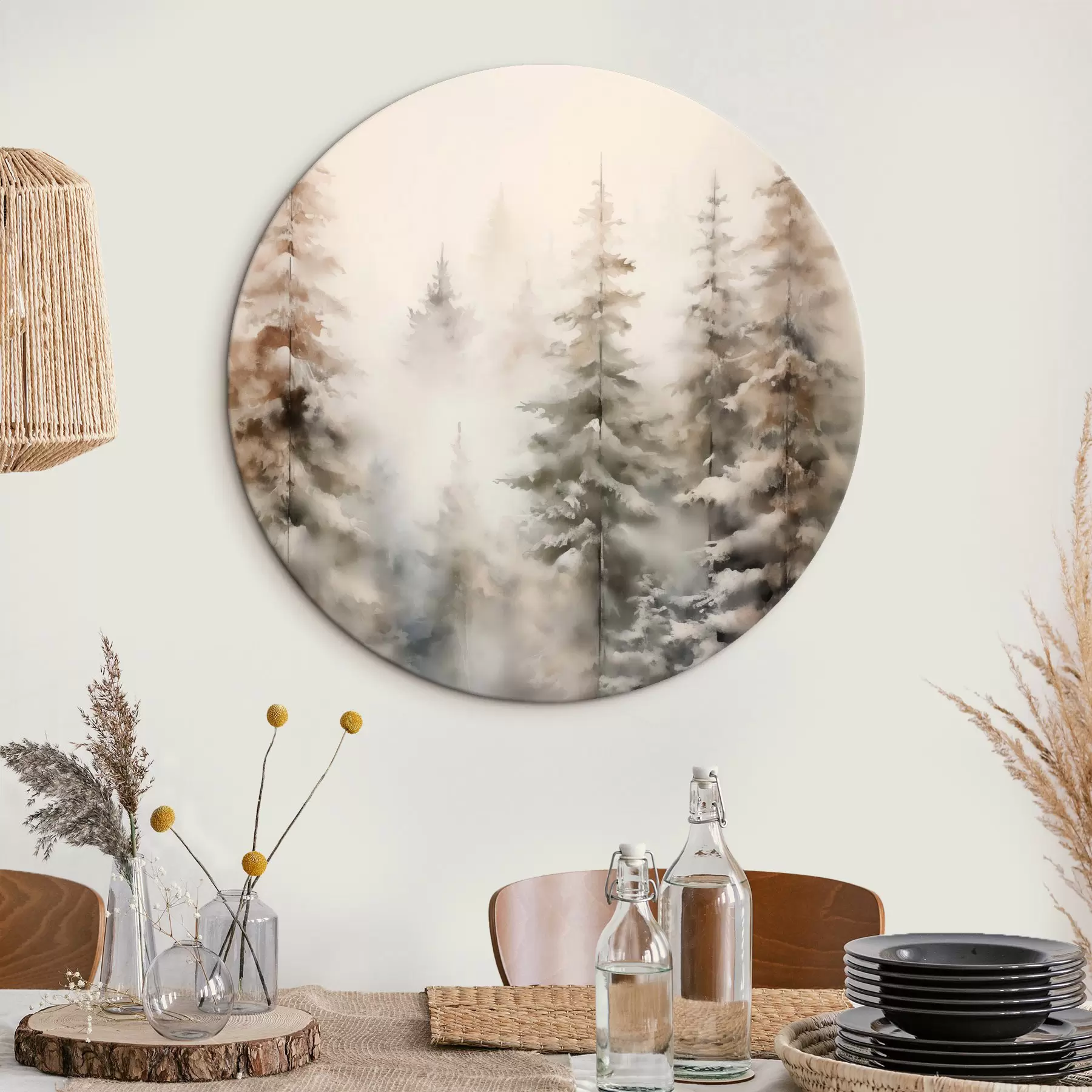 Картина Високі сосни, вкриті снігом, стоять у туманному лісі, м'яка, приглушена зимова сцена r46701