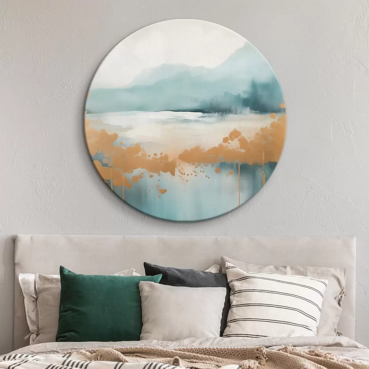 Кругла картина Абстрактний пейзаж з горами та озером у кольорах бірюзового та текстурованого жовтого, м'які мазки пензлем, мінімалістичне мистецтво r46703