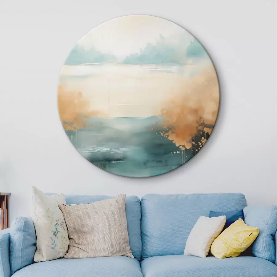 Картина Абстрактний пейзаж з горами та озером у кольорах бірюзового та текстурованого жовтого, м'які мазки пензлем, мінімалістичне мистецтво r46704