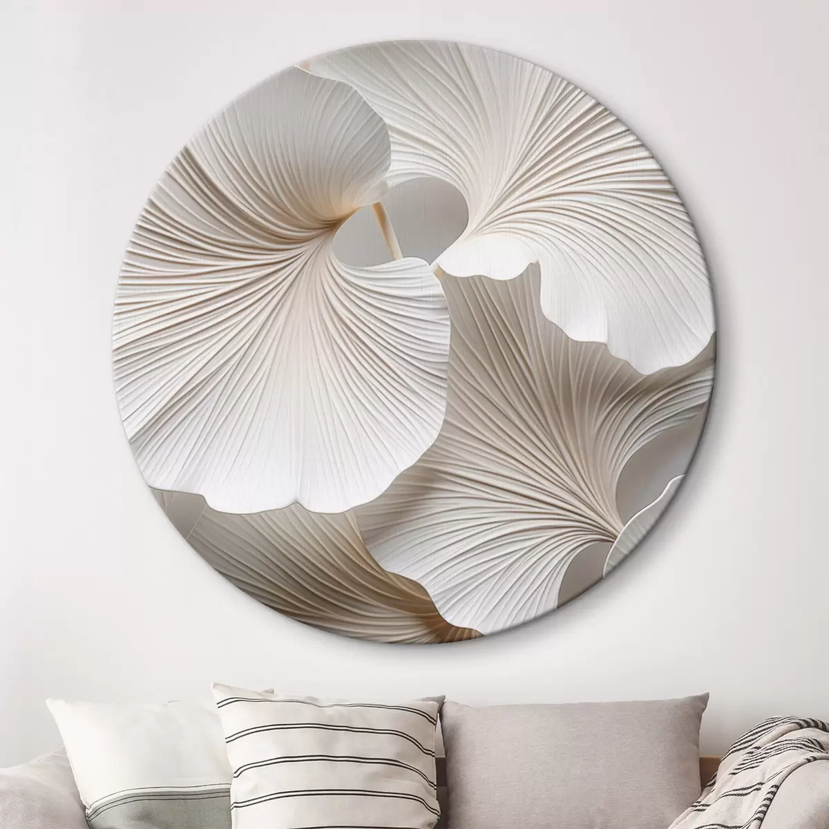 Кругла картина Білі листя гінкго білоба з виразними прожилками, м'яке освітлення, текстурований елегантний і мінімалістичний дизайн r46705