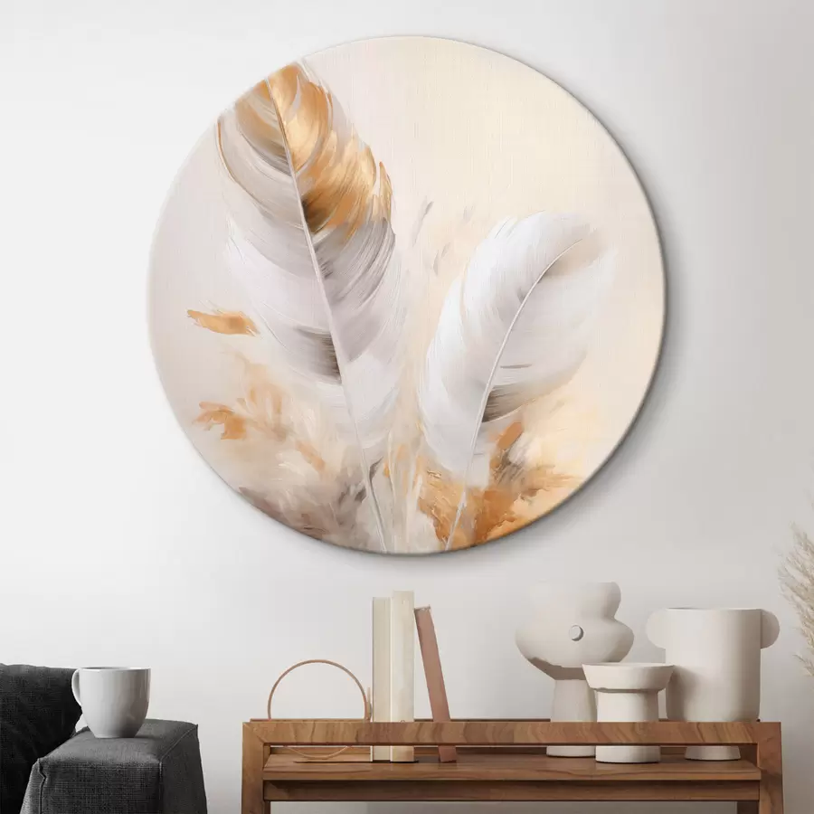 Картина Абстрактні пір'я, оточені бежевими та коричневими пучками, м'які та ніжні, на світло-бежевому тлі r46711