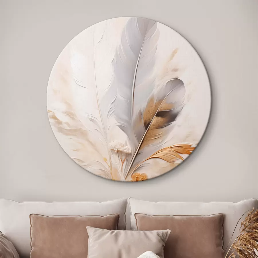 Картина Абстрактні пір'я, оточені бежевими та коричневими пучками, м'які та ніжні, на світло-бежевому тлі r46712