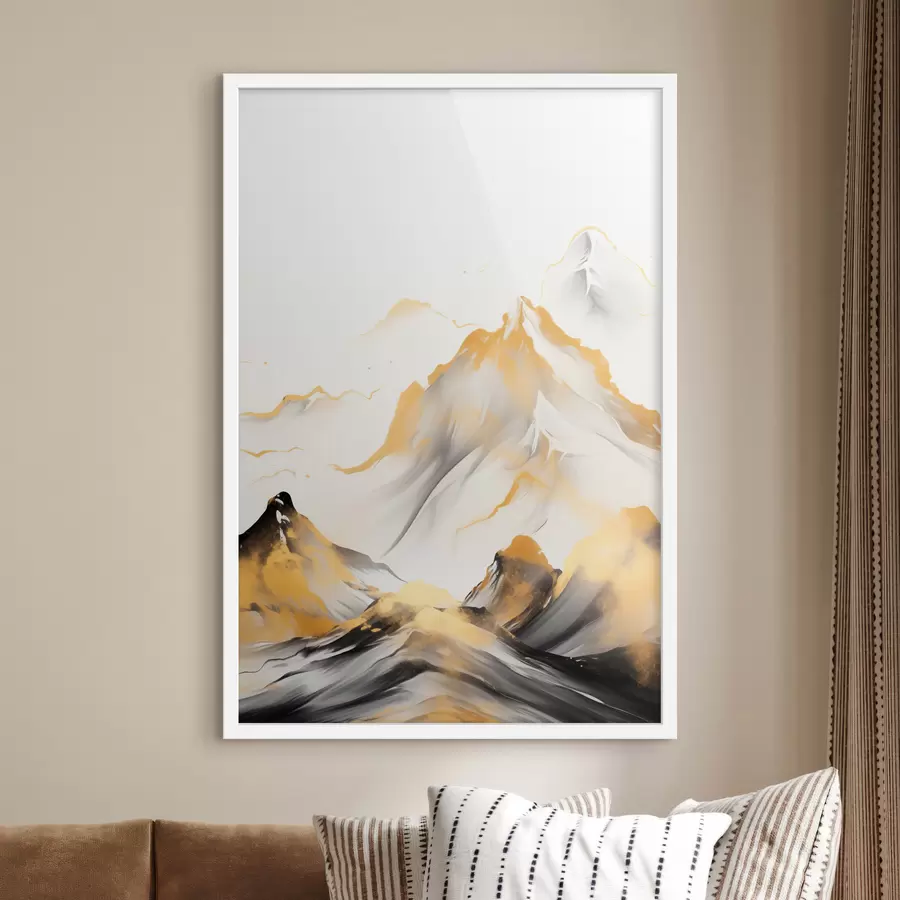 Картина Текстуровані жовті та чорні гори зі сніговими вершинами, стиль тушового живопису, мінімалістичний гірський хребет f46683