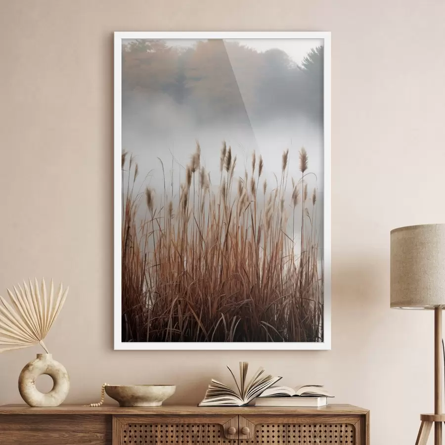 Картина Високі очерети, що ростуть у водоймі, вода відбиває очерети, туманний фон, м'яке світло, природний пейзаж f46696