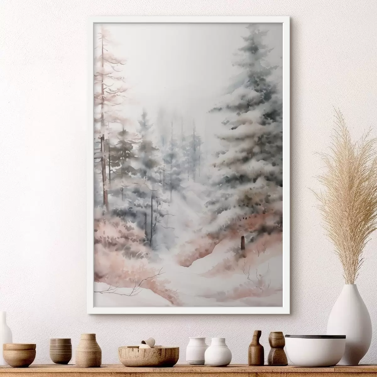 Постер Високі сосни, вкриті снігом, стоять у туманному лісі, м'яка, приглушена зимова сцена f46702