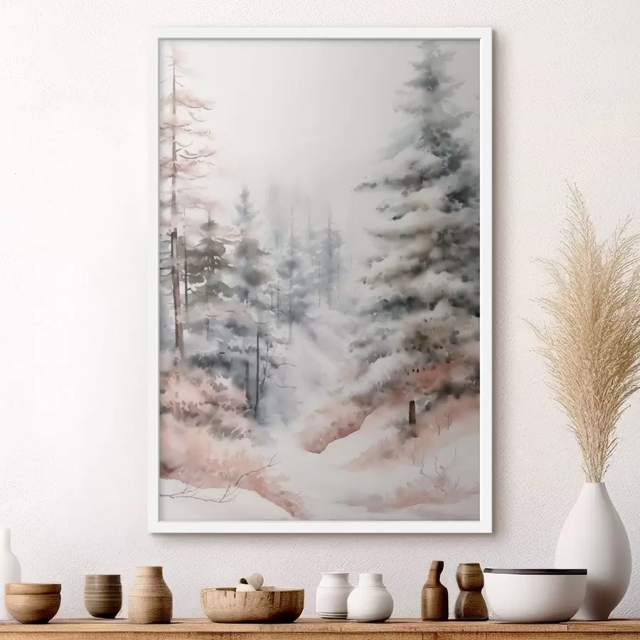 Картина Високі сосни, вкриті снігом, стоять у туманному лісі, м'яка, приглушена зимова сцена f46702