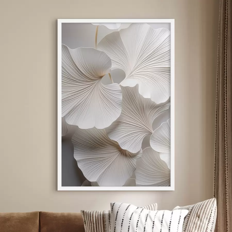 Картина Білі листя гінкго білоба з виразними прожилками, м'яке освітлення, текстурований елегантний і мінімалістичний дизайн f46705