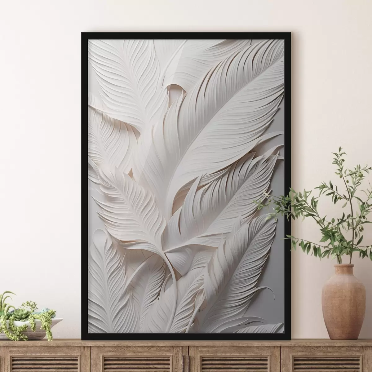 Постер Білі листя з витонченими деталями, що створюють ефект текстури та багатошаровості, мінімалістичне мистецтво f46706
