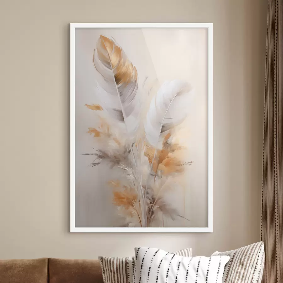 Картина Абстрактні пір'я, оточені бежевими та коричневими пучками, м'які та ніжні, на світло-бежевому тлі f46711