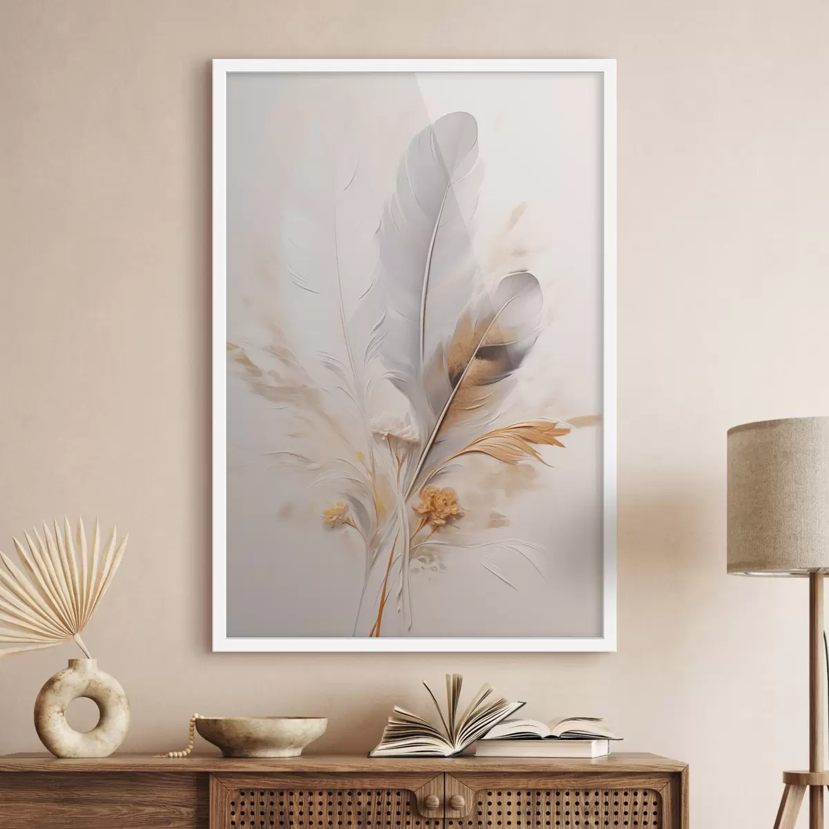 Постер Абстрактні пір'я, оточені бежевими та коричневими пучками, м'які та ніжні, на світло-бежевому тлі f46712