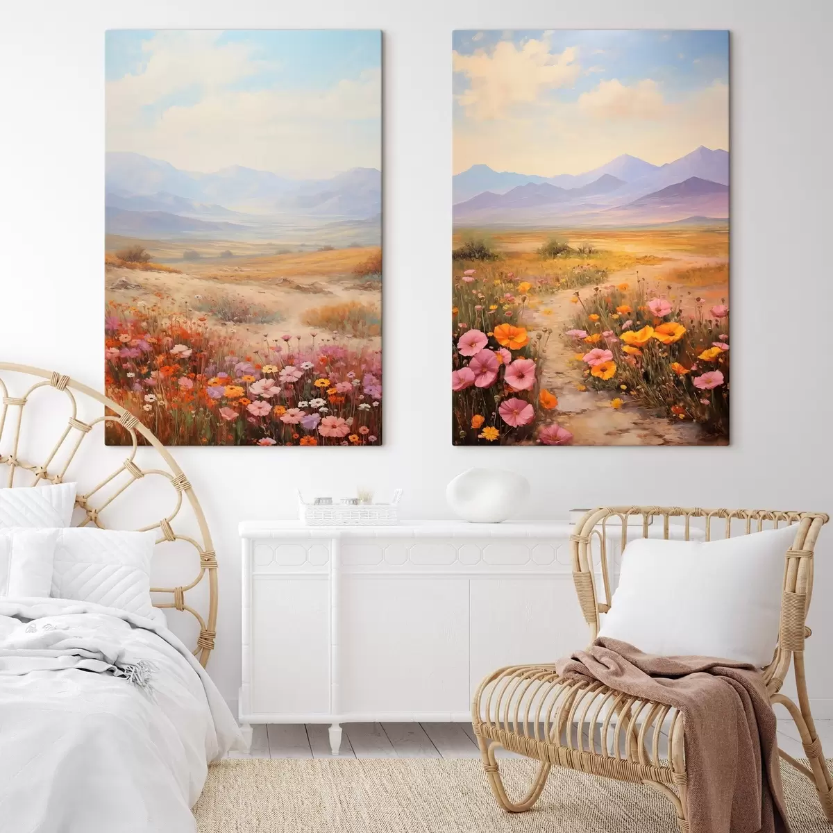 Картина Пейзаж, поле з барвистими квітами на тлі гір, м'які пастельні кольори m01003