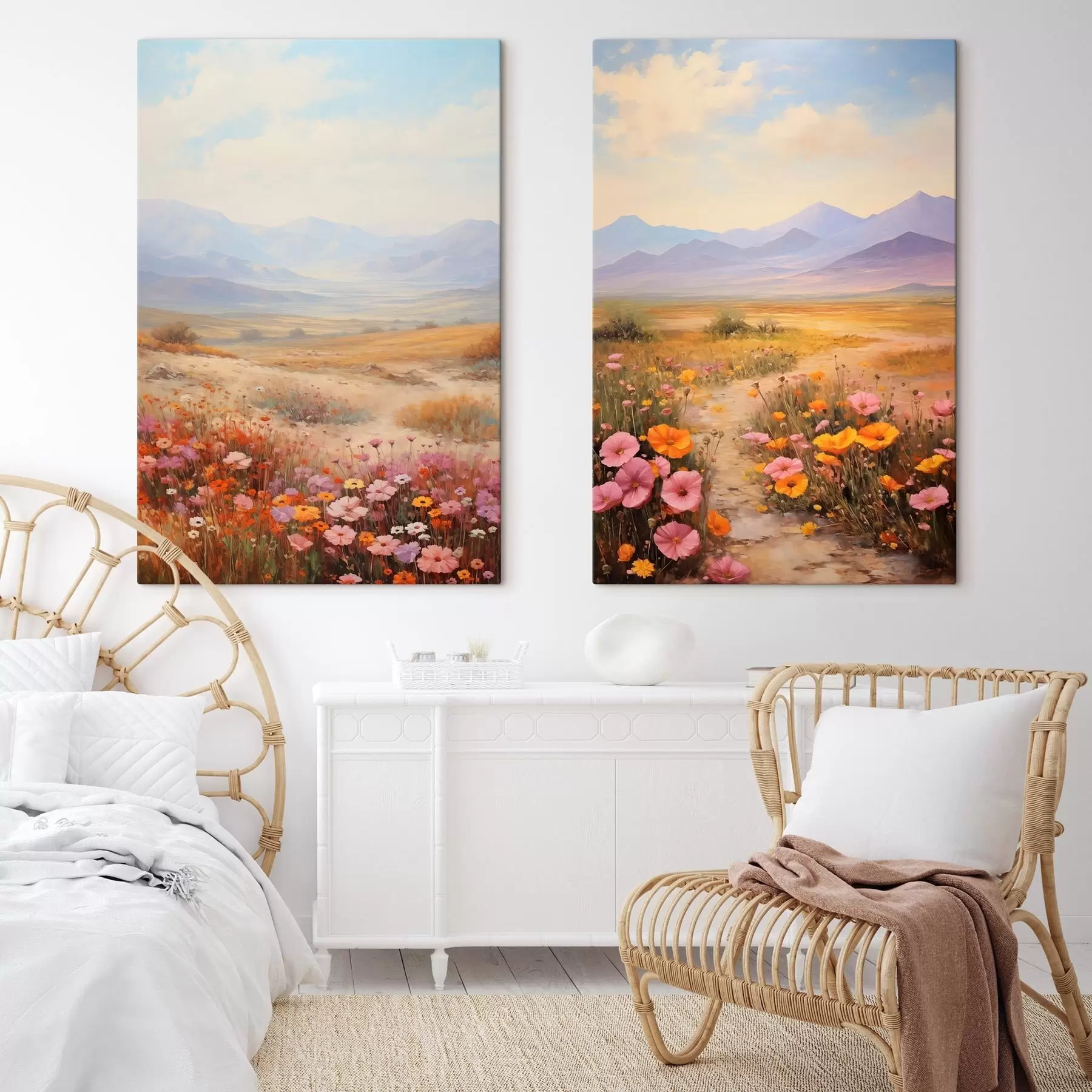 Картина Пейзаж, поле з барвистими квітами на тлі гір, м'які пастельні кольори m01003