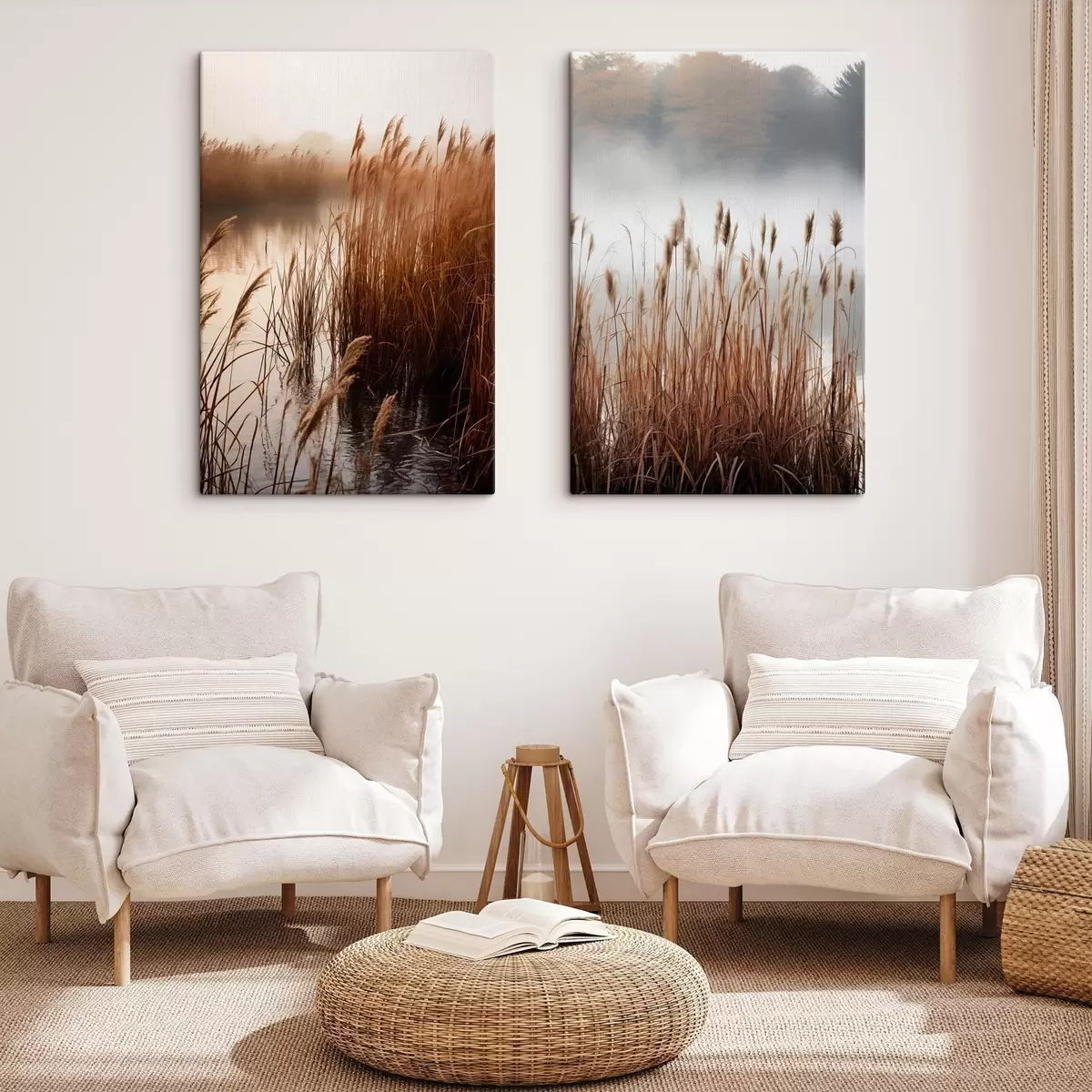Картина Високі очерети, що ростуть у водоймі, вода відбиває очерети, туманний фон, м'яке світло, природний пейзаж m01008