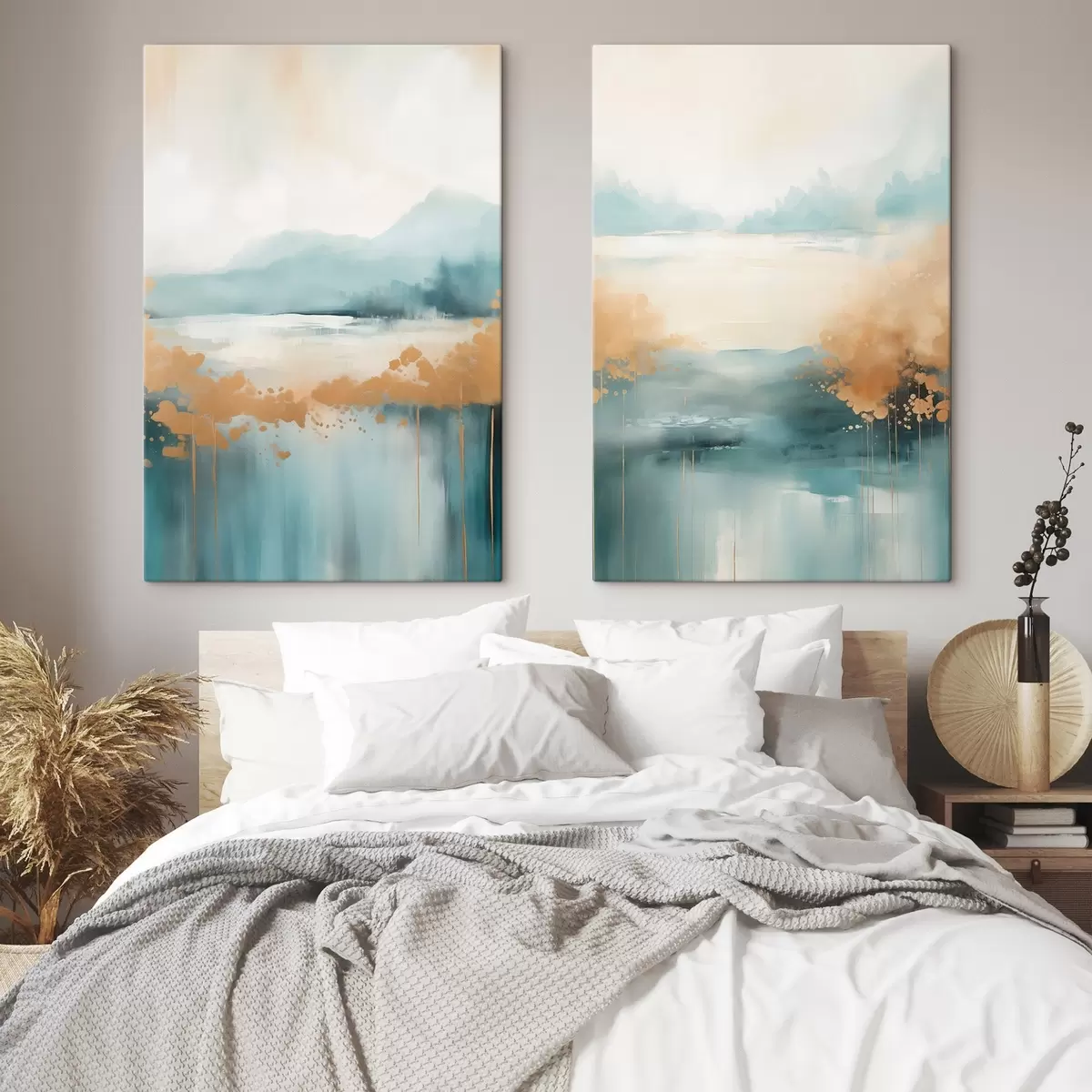 Картина Абстрактний пейзаж з горами та озером у кольорах бірюзового та текстурованого жовтого, м'які мазки пензлем, мінімалістичне мистецтво m01012