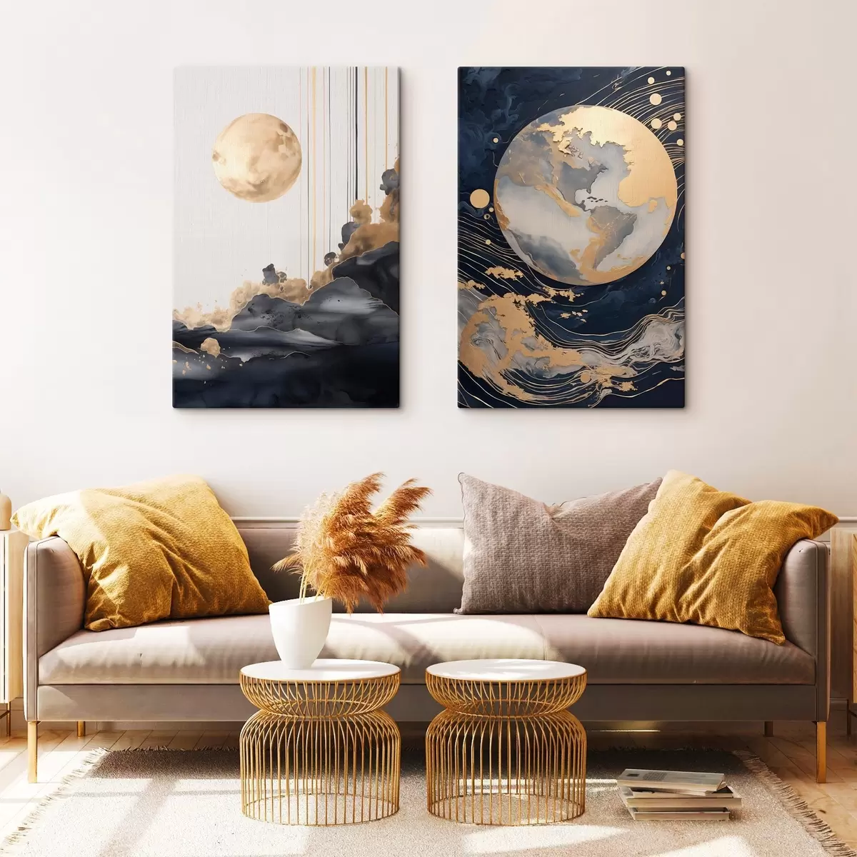 Картина Текстурована декоративна планета в космосі з жовтими лініями та крапками, абстрактний стиль, мінімалістичний та сучасний m01014