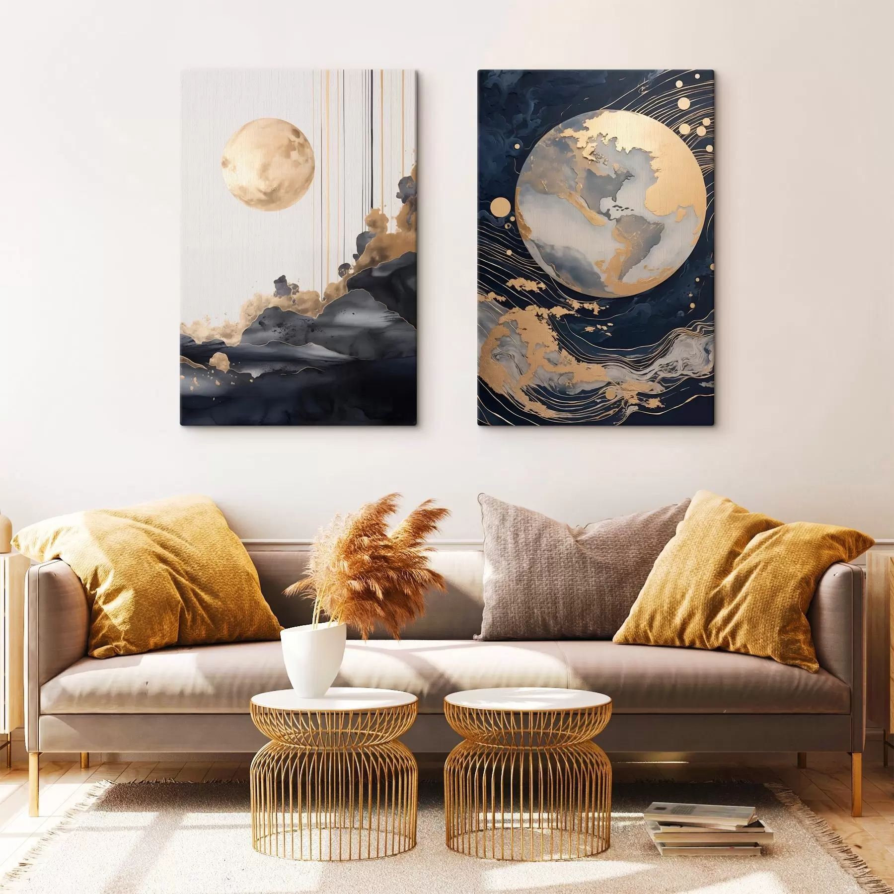 Картина Текстурована декоративна планета в космосі з жовтими лініями та крапками, абстрактний стиль, мінімалістичний та сучасний m01014