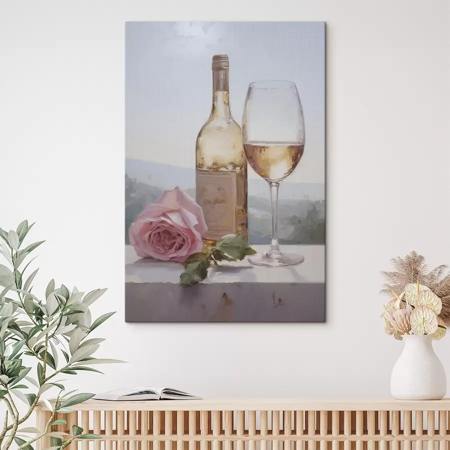 Картина Пляшка і келих вина, а також маленька собака в окулярах, імітація картини s46721