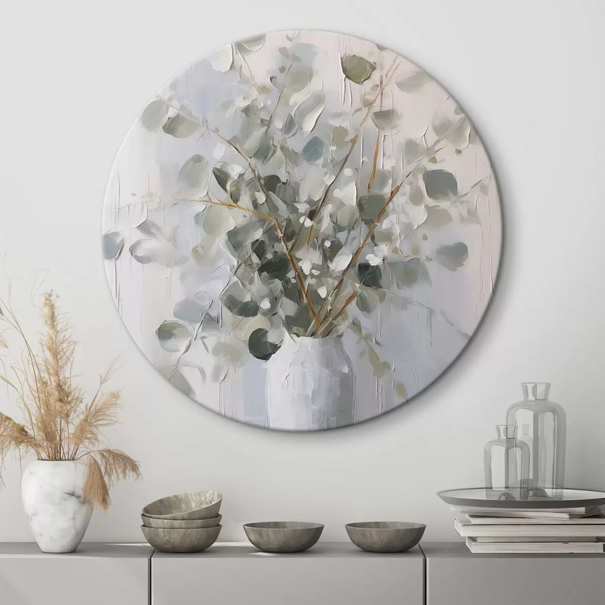 Кругла картина Гілки з листям у вазі, імітація живопису r46720