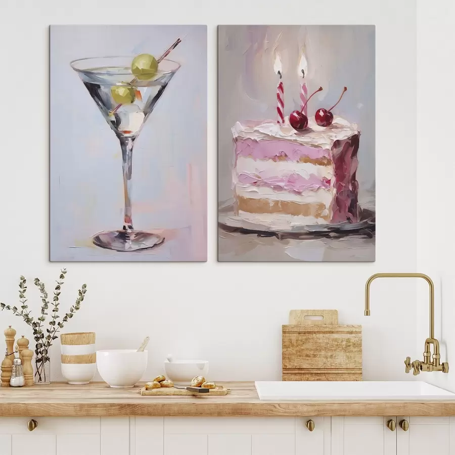 Картина Склянка з напоєм і шматочком торта, імітація живопису m01019