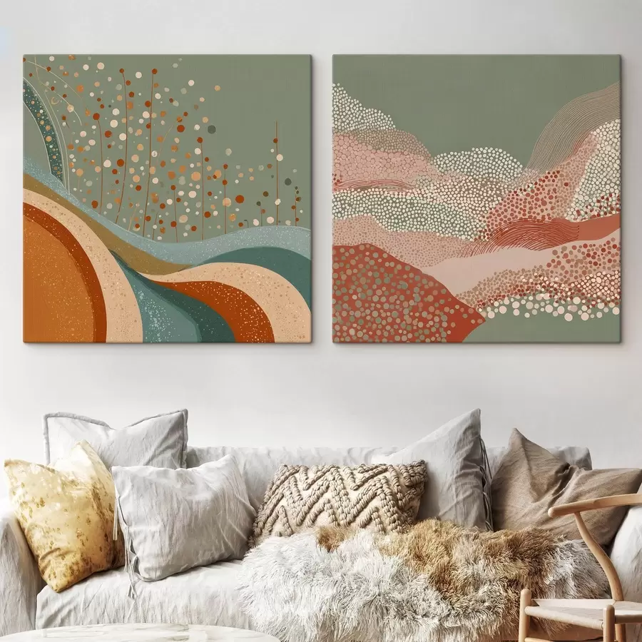 Картина Двочастий абстрактний пейзаж з крапчастими та хвилястими елементами m00987
