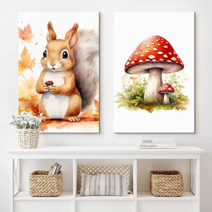 Картина Білка і лісові гриби, мухомор, імітація акварелі m01049