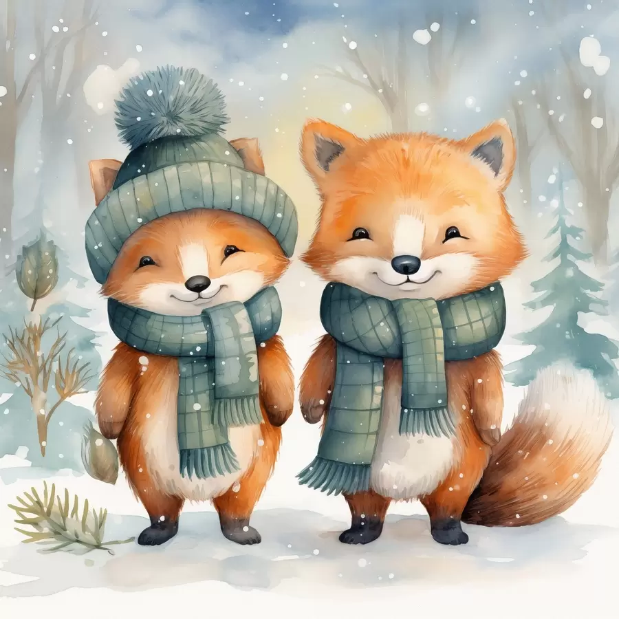 Картина Дві маленькі лисички, імітація акварелі f46969