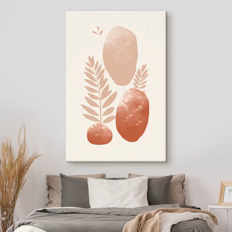Картина Абстрактні форми, текстуровані камені та листя в приглушених персикових і теракотових тонах, мінімалістичний кремовий фон s47012