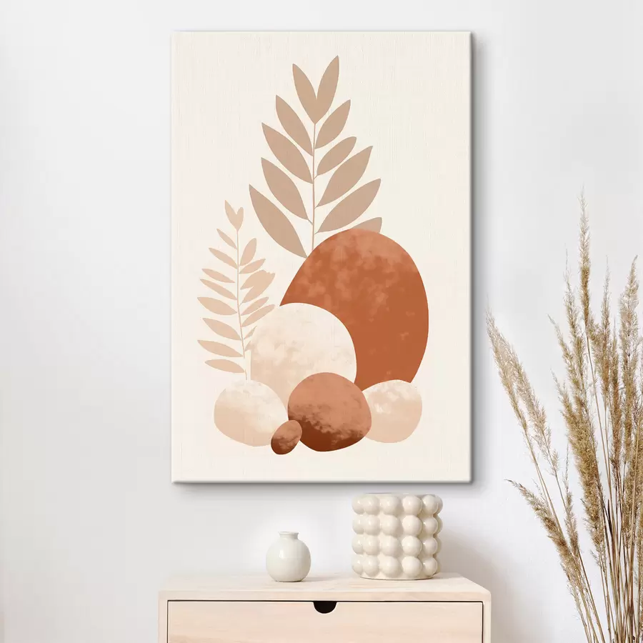 Картина Абстрактні форми, текстуровані камені та листя в приглушених персикових і теракотових тонах, мінімалістичний кремовий фон s47013