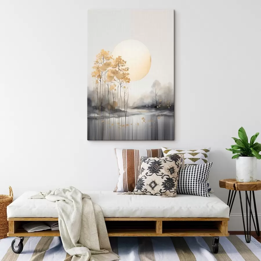 Картина Декоративний абстрактний пейзаж, високі дерева з жовтим листям, річка і туман на задньому плані s47014