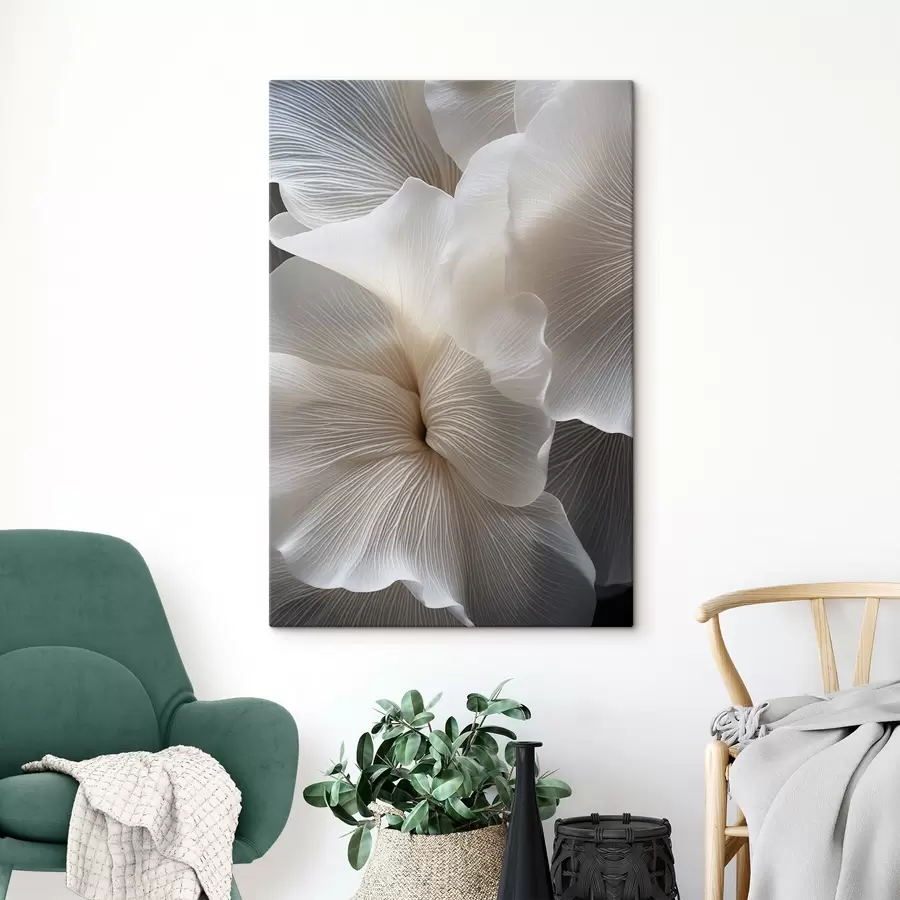 Картина Крупний план ніжних абстрактних білих квіткових пелюсток зі складними лініями та розмитим темним фоном s47019