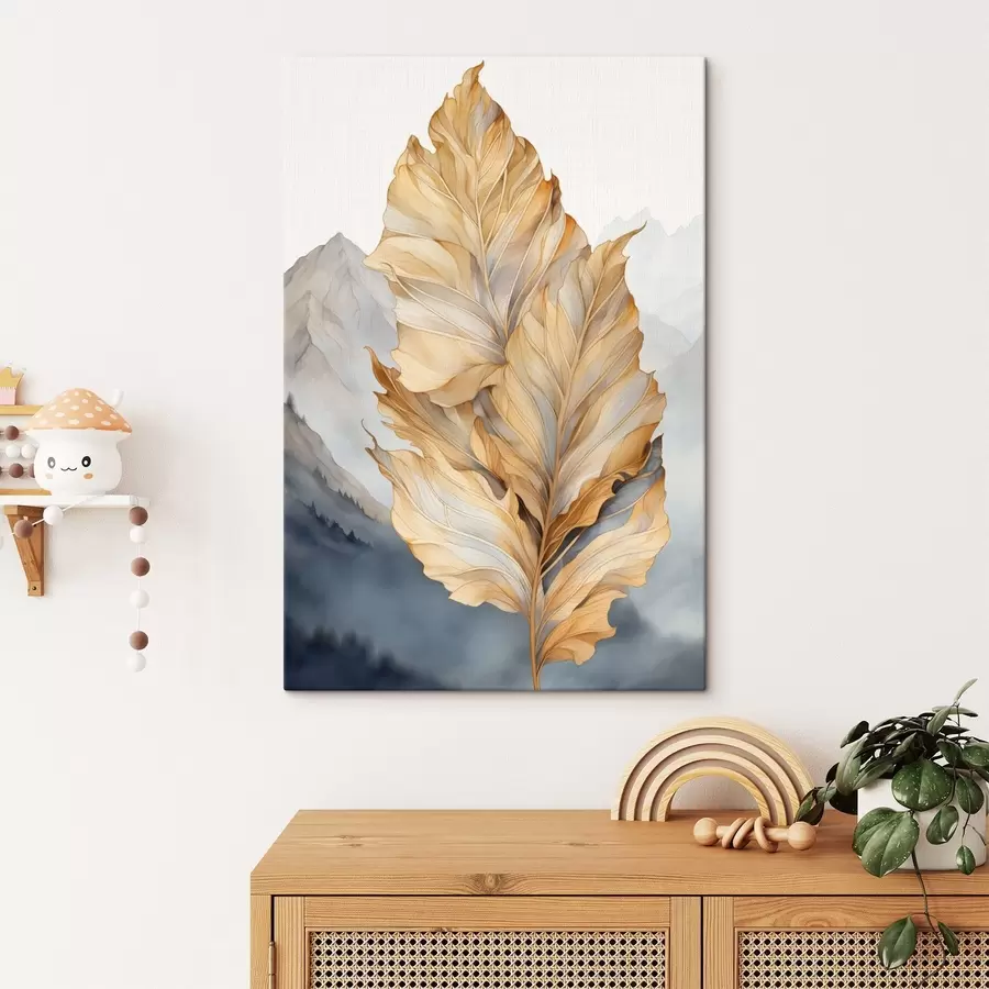Картина Абстрактні великі жовті та коричневі листя зі складними деталями на тлі гірського пейзажу s47022