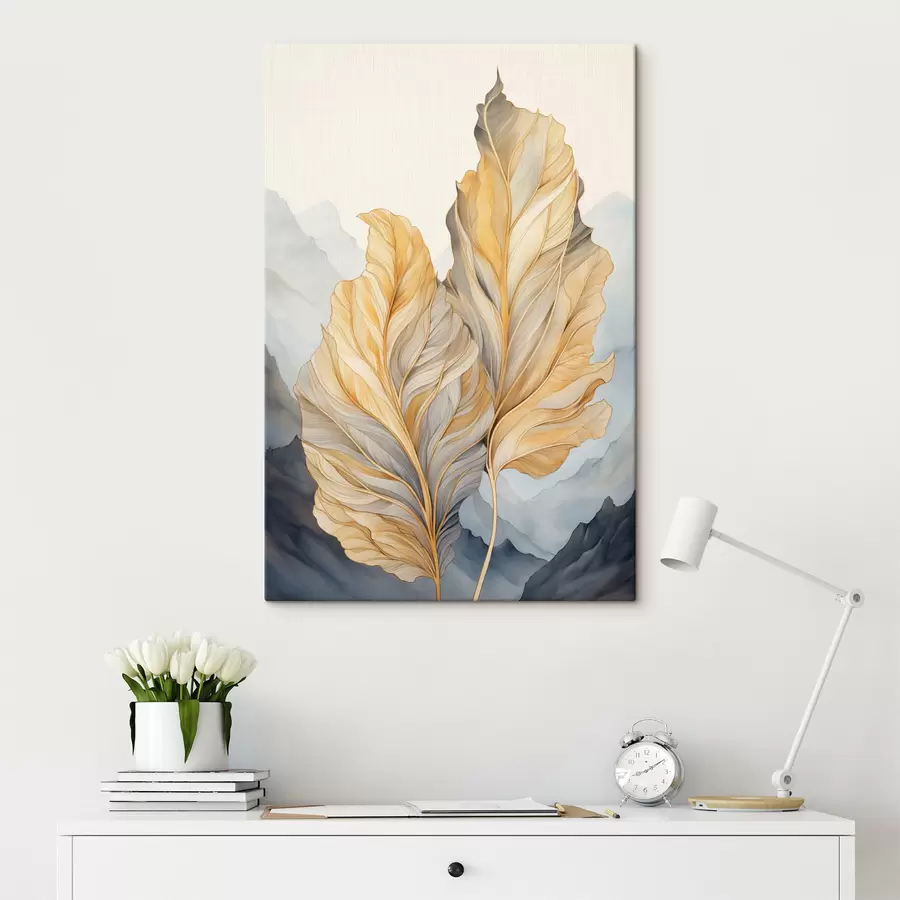 Картина Абстрактні великі жовті та коричневі листя зі складними деталями на тлі гірського пейзажу s47023