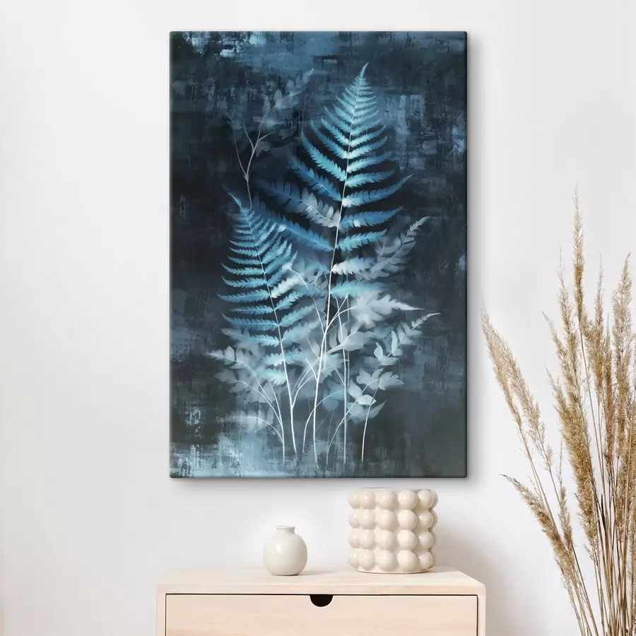 Картина Блакитні папороті та рослини на темному, фактурному тлі, з акцентом на складних деталях, ефект рентгенівського знімка s47026