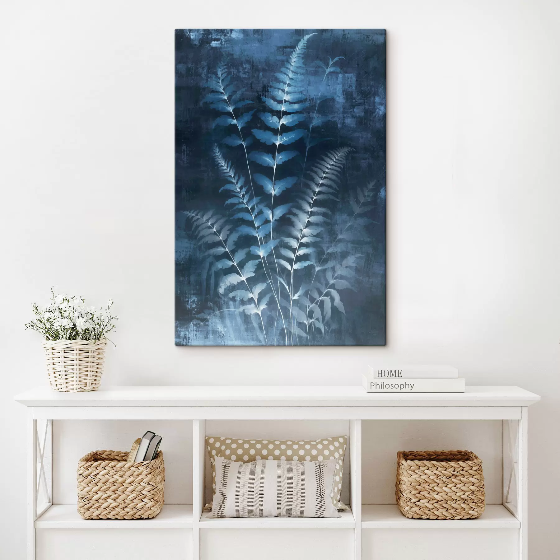 Картина Блакитні папороті та рослини на темному, фактурному тлі, з акцентом на складних деталях, ефект рентгенівського знімка s47027