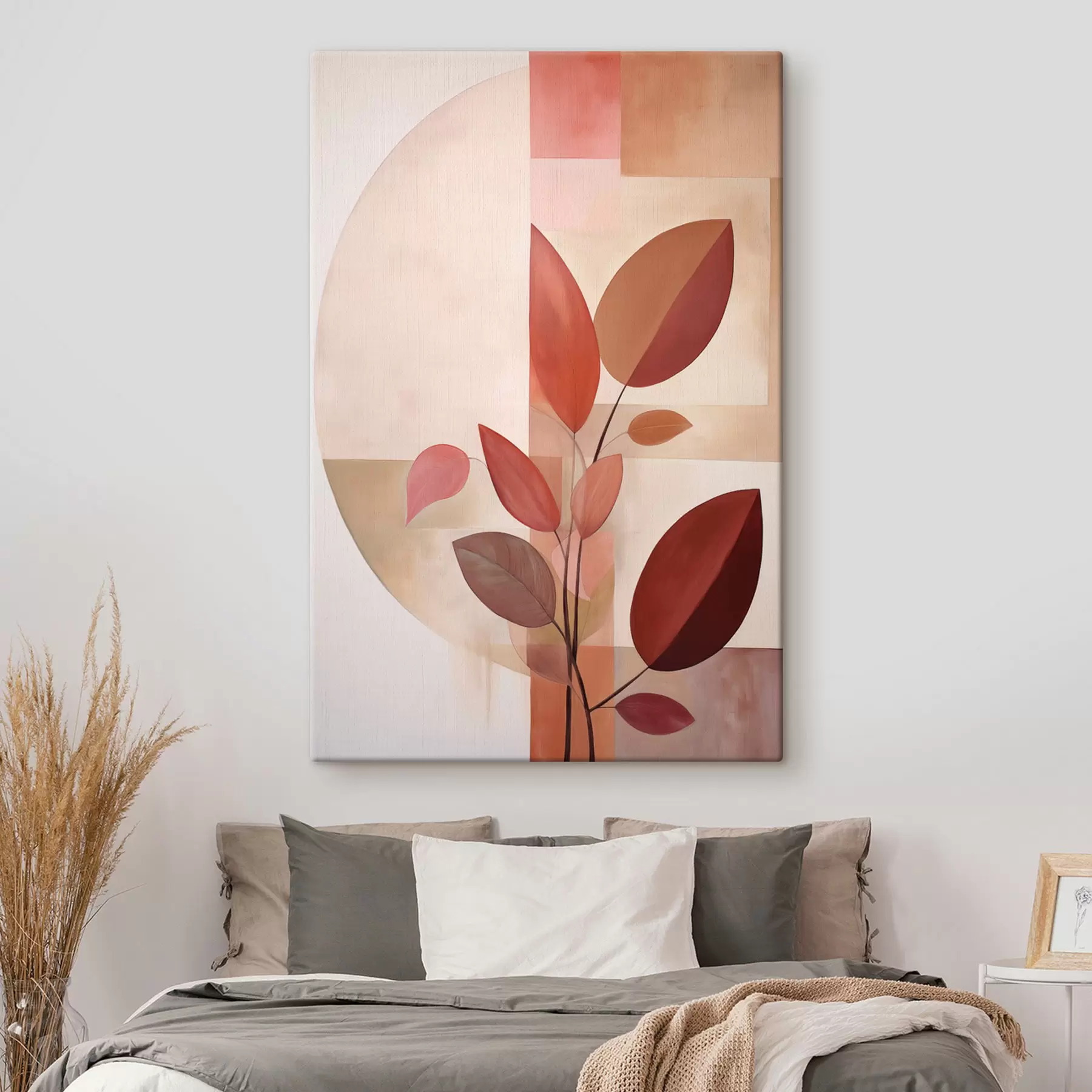 Картина Абстрактна рослина з червоним листям на тлі геометричних фігур і м'яких, приглушених кольорів s47041
