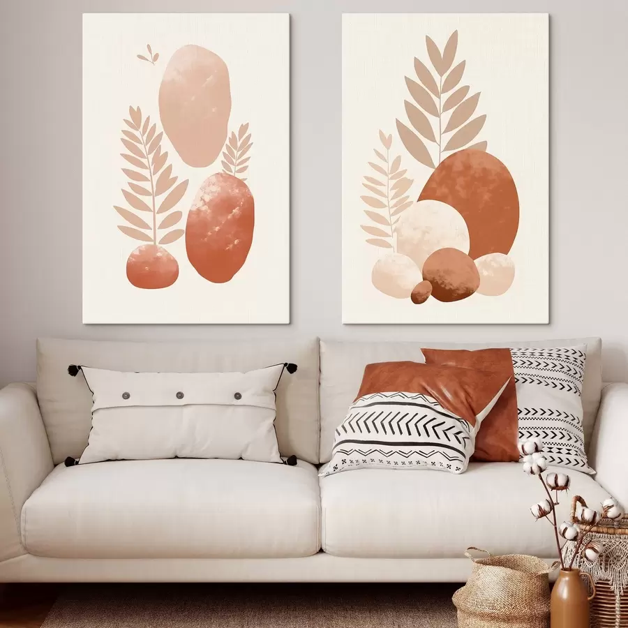 Картина Абстрактні форми, текстуровані камені та листя в приглушених персикових і теракотових тонах, мінімалістичний кремовий фон m01114